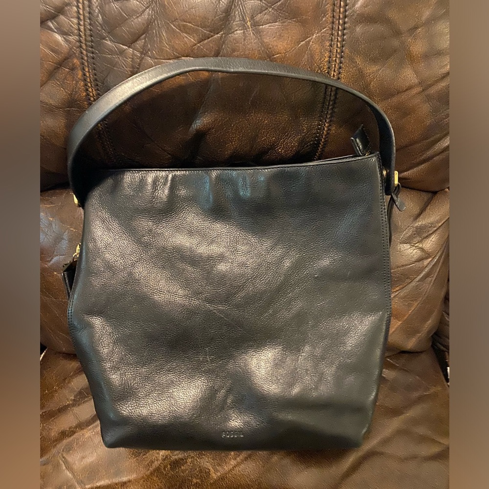 Vintage Fossil Leather Shoulder Bag Black Gold Hardware